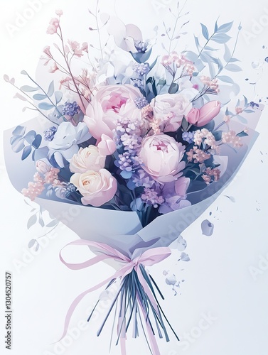 Bouquet of pastel flowers in hand on white background