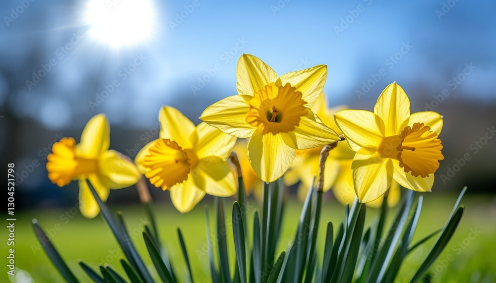 Obraz premium Vibrant Yellow Daffodils in Full Bloom, Sharp Focus on Petals Against Blue Sky, Natural Sunlight