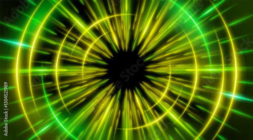 Futuristic abstract background with a radial burst of light and energy, dynamics emanating from the center. Speed. Blue, purple and pink light rays emit and create glowing particle effects.