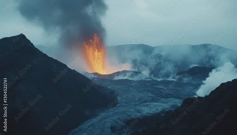 Fototapeta premium Fiery Volcanic Eruption with Dark Smoke and Lava Flow
