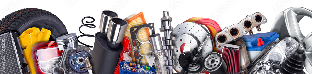 wide panorama banner of various car parts including wheels, tires, filters, and engine components isolated white background. automotive vehicle repair and service industry concept.