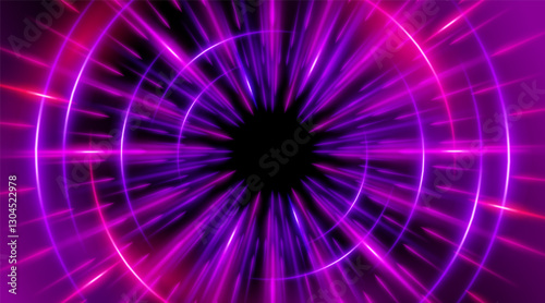 Futuristic abstract background with a radial burst of light and energy, dynamics emanating from the center. Speed. Blue, purple and pink light rays emit and create glowing particle effects.