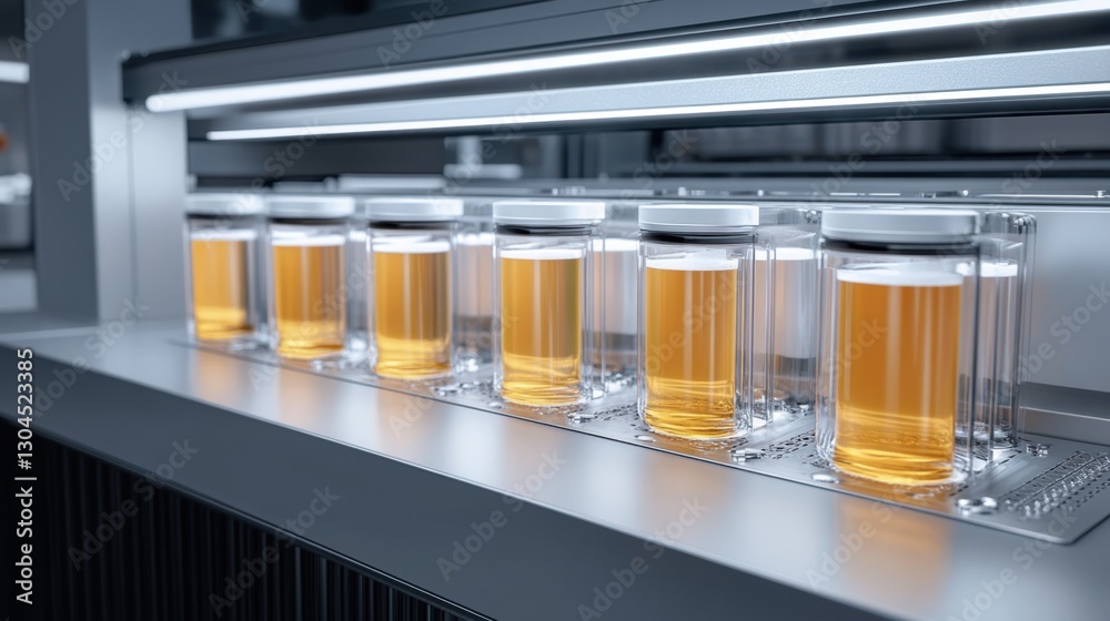 AI-controlled beverage filling line operating in a modern factory. AI-controlled beverage filling line operating in a modern factory.