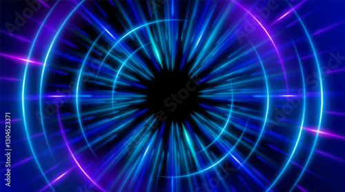 Futuristic abstract background with a radial burst of light and energy, dynamics emanating from the center. Speed. Blue, purple and pink light rays emit and create glowing particle effects.