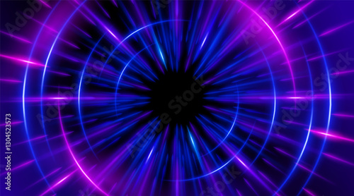 Futuristic abstract background with a radial burst of light and energy, dynamics emanating from the center. Speed. Blue, purple and pink light rays emit and create glowing particle effects.