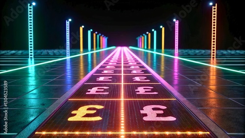 Illuminated Pathway with British Pound Symbols in Neon Lights for Financial Themes