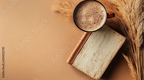 A flat lay, top view of a home office desk table features a cup of coffee, a paper notebook, and dry flowers arranged on a beige background, resulting in an elegant and feminine workspace