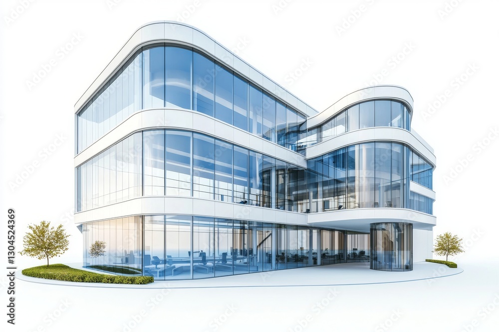 Fototapeta premium A futuristic architectural design defines this modern glass office building, which features sleek curves, large windows, and reflective surfaces
