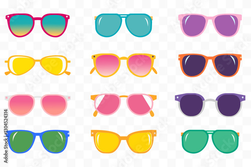 Collection set Trendy Colorful Sunglasses in Various Styles and Shades, Perfect for Summer, Beach Vibes, and Fashionable Accessories Enthusiasts