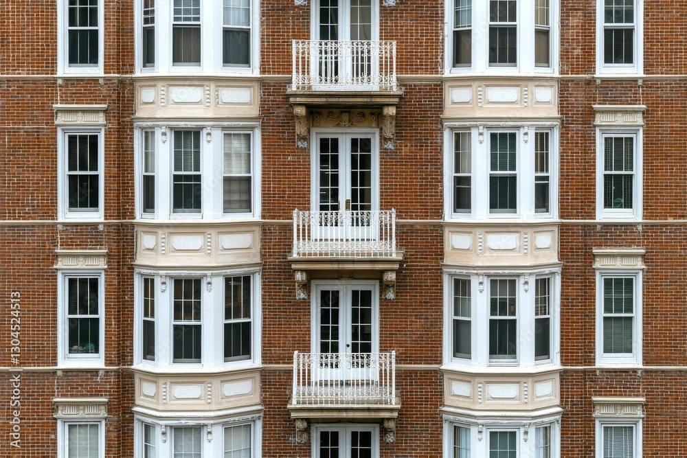 A typical apartment building exterior consists of brick, windows, and balconies A typical apartment building exterior consists of brick, windows, and balconies