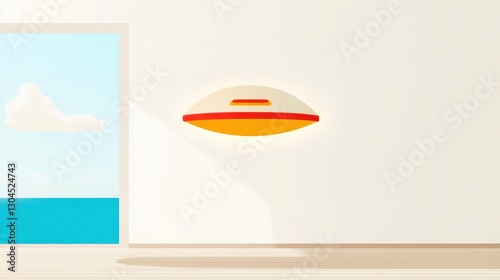 Low Poly Flying Saucer in Minimalist Room with Ocean View