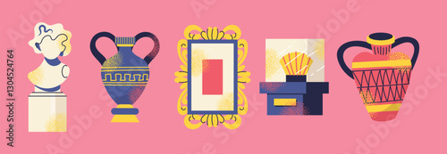 Ancient artifacts and museum objects vases, statues, columns, frames, bones, skull, tickets, and display cases on a pink background. Colorful flat vector illustration. History, archaeology cultural