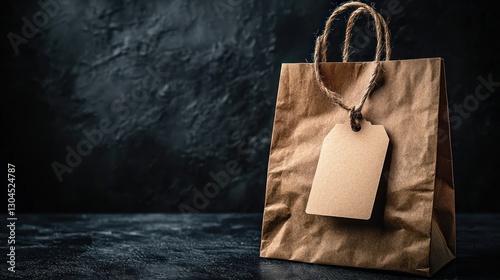 Empty brown paper shopping bag with tag on dark textured surface photo