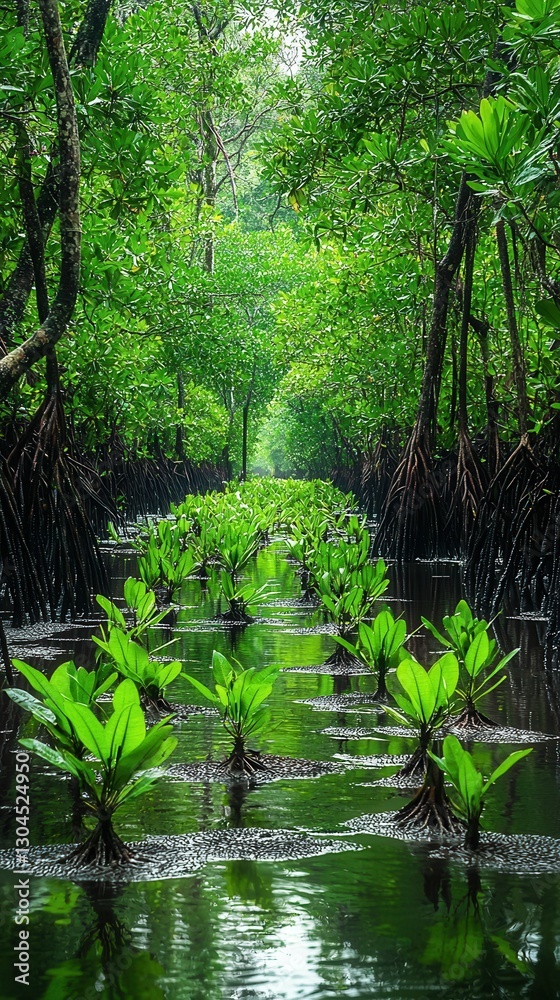 Obraz premium Lush Green Mangrove Forest with Sunlight Reflection