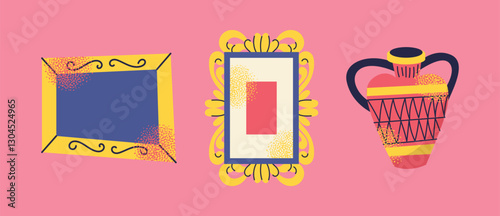 Ancient artifacts and museum objects vases, statues, columns, frames, bones, skull, tickets, and display cases on a pink background. Colorful flat vector illustration. History, archaeology cultural