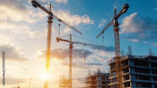 Construction cranes at sunset with a vibrant sky and building site in the foreground, showcasing industrial development and urban architecture