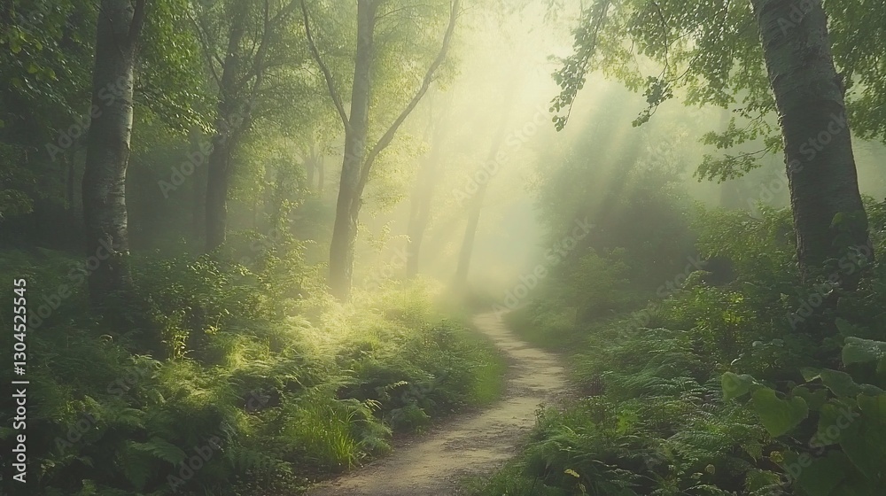 Fototapeta premium Misty forest path with sunbeams.