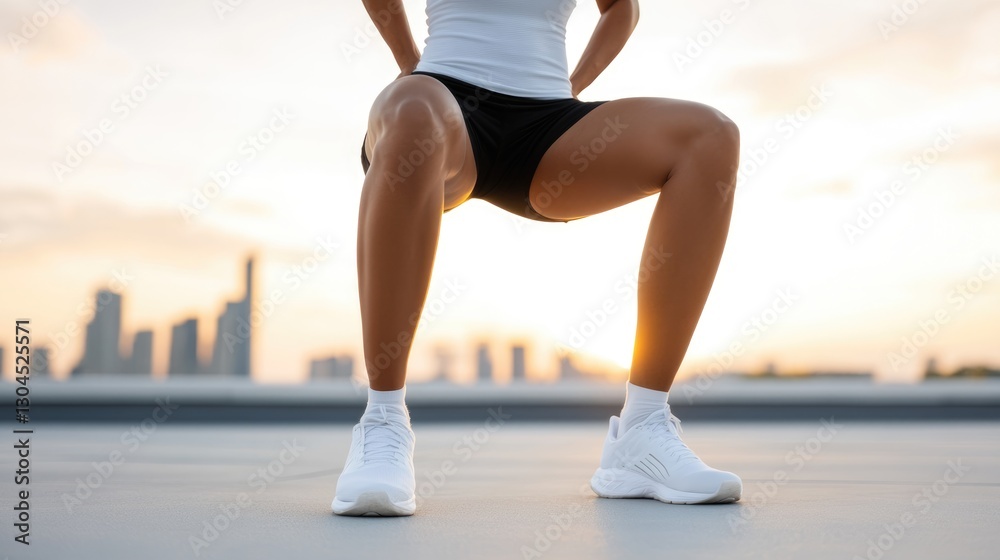 Fitness enthusiast stretching at sunset on a rooftop