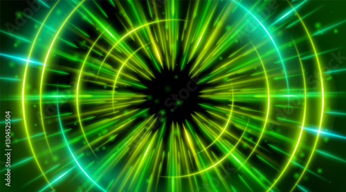 Futuristic abstract background with a radial burst of light and energy, dynamics emanating from the center. Speed. Blue, Green light rays emit and create glowing particle effects.