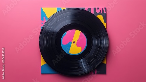 A vintage vinyl record, adorned with a vibrant graphic design featuring bold colors, a captivating image, and a playful font, ready to be showcased on a stylish cover mockup.