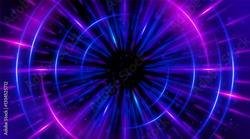 Futuristic abstract background with a radial burst of light and energy, dynamics emanating from the center. Speed. Blue, purple and pink light rays emit and create glowing particle effects.