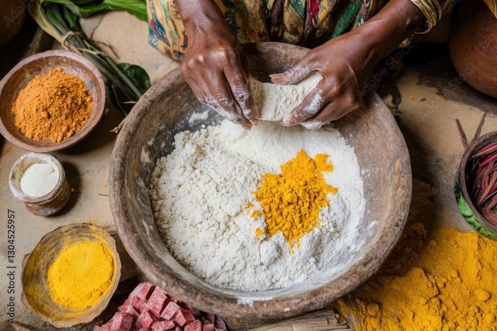 Fototapeta premium Hands Mixing Dry Gulal Ingredients in a Bowl With Vibrant Natural Colors and Raw Materials in a Serene Setting