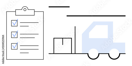 Clipboard with checklist, moving package, and delivery truck highlights supply chain, organization, shipping. Ideal for logistics, efficiency, planning transport warehouse delivery. Flat simple
