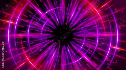 Futuristic abstract background with a radial burst of light and energy, dynamics emanating from the center. Speed. Red, purple and pink light rays emit and create glowing particle effects.