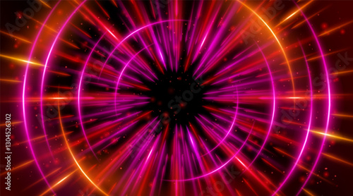 Futuristic abstract background with a radial burst of light and energy, dynamics emanating from the center. Speed. Blue, purple and pink light rays emit and create glowing particle effects.