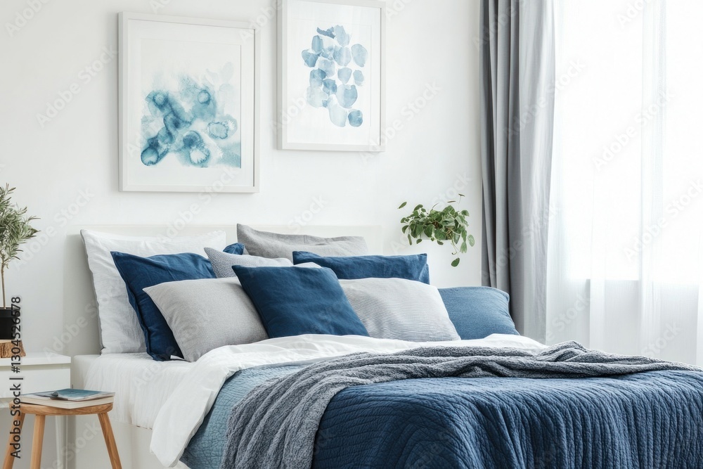 Fototapeta premium Serene bedroom with blue bedding, grey accents, and abstract art.