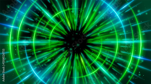 Futuristic abstract background with a radial burst of light and energy, dynamics emanating from the center. Speed. Blue, Green light rays emit and create glowing particle effects.