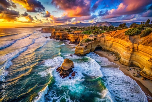 Dramatic Aerial View of Rocky San Diego Shoreline at Sunset