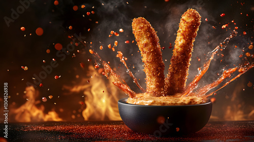 Mozzarella sticks with a crunchy, spicy breading, golden and crispy, served with a tangy dipping sauce, ideal for parties and gatherings.