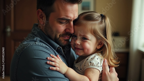 sorrowful father holds tight crying daughter long