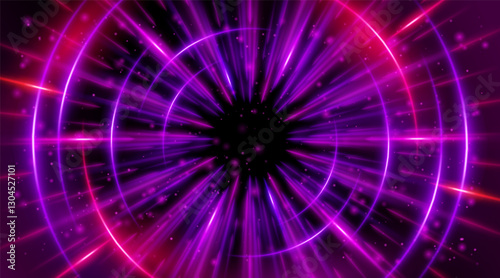 Futuristic abstract background with a radial burst of light and energy, dynamics emanating from the center. Speed. Red, purple and pink light rays emit and create glowing particle effects.