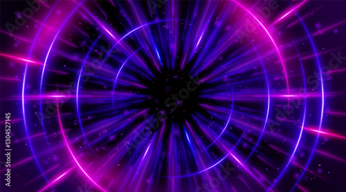Futuristic abstract background with a radial burst of light and energy, dynamics emanating from the center. Speed. Blue, purple and pink light rays emit and create glowing particle effects.