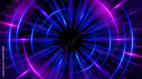 Futuristic abstract background with a radial burst of light and energy, dynamics emanating from the center. Speed. Blue, purple and pink light rays emit and create glowing particle effects.