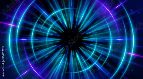 Futuristic abstract background with a radial burst of light and energy, dynamics emanating from the center. Speed. Blue, purple and green light rays emit and create glowing particle effects.