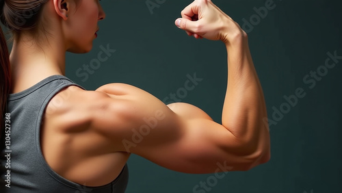 strong woman displays toned muscular arm prominent bicep