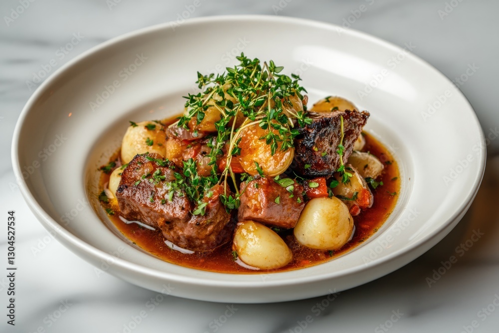 Delicious Close-Up of Irish Stew Highlighting Glossy Broth and Fresh Herbs in Minimalist Indoor Setting Delicious Close-Up of Irish Stew Highlighting Glossy Broth and Fresh Herbs in Minimalist Indoor Setting