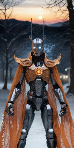Winter's Techno-Deity: Majestic Robotic Warrior with Arcane Armor Stands Vigilant in Snow-Covered Forest as Twilight Embraces the Land.