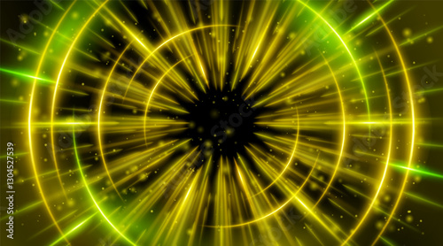 Futuristic abstract background with a radial burst of light and energy, dynamics emanating from the center. Speed. Blue, purple and pink light rays emit and create glowing particle effects.