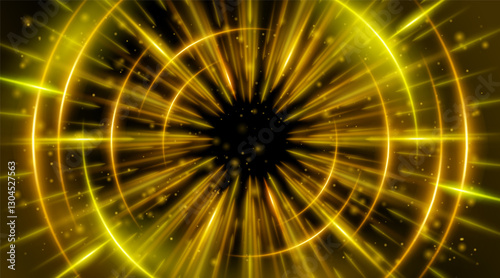 Futuristic abstract background with a radial burst of light and energy, dynamics emanating from the center. Speed. Orange, yellow light rays emit and create glowing particle effects.