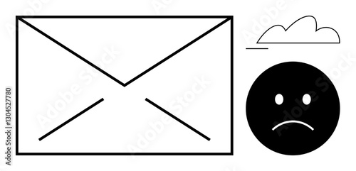 Large outlined envelope beside black sad face and simple cloud. Ideal for communication, feedback, email, emotions, disappointment, office culture, and problem-solving. Flat simple metaphor