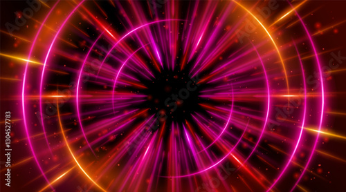 Futuristic abstract background with a radial burst of light and energy, dynamics emanating from the center. Speed. Red, purple and pink light rays emit and create glowing particle effects.
