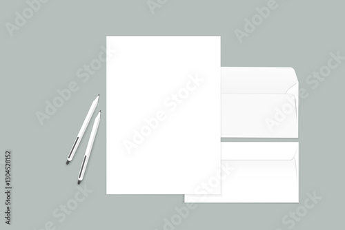 Vector mockup of A4 paper with envelope and pen on a green background