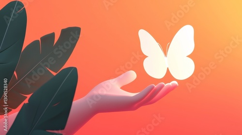 Delicate butterfly released natural setting digital art vibrant environment close-up view transformation concept