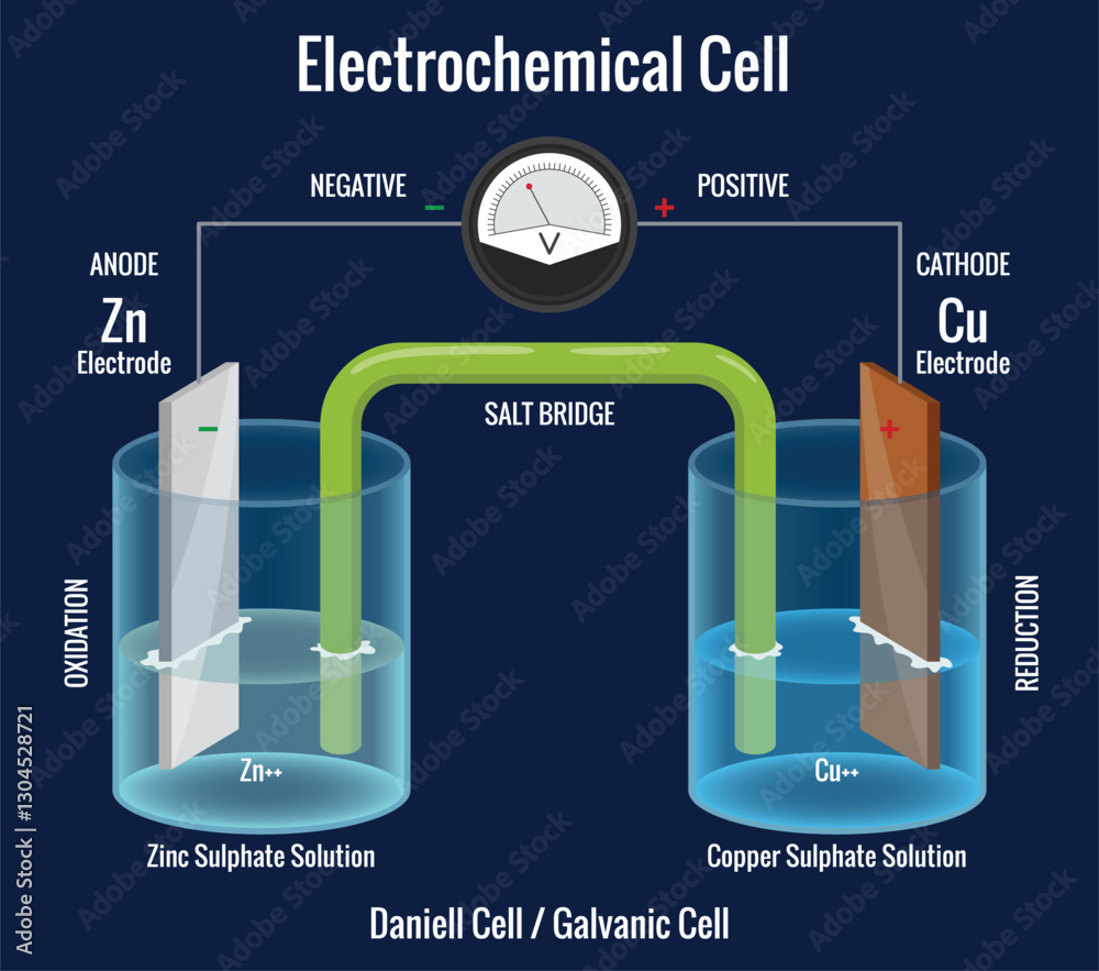 Electrochemical cell with voltmeter. Diagram of galvanic cell showing anode and cathode. Chemical energy change into electrical energy. Scientific vector illustration isolated on white background
