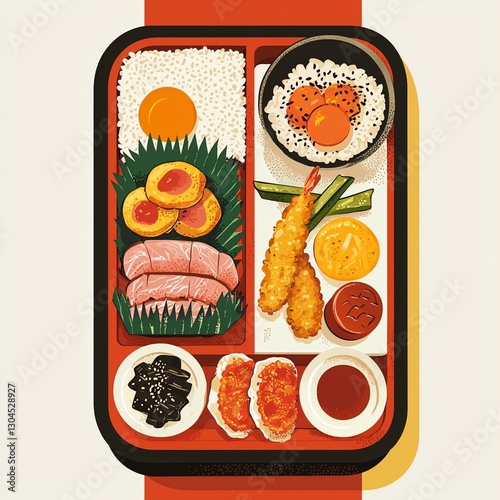 Tray with various types of food including japanese dishes and bento box design