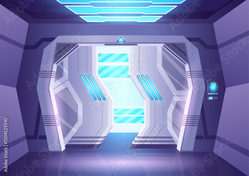 Spaceship sliding door or laboratory gate. Open gate with illuminated entrance frame. Bunker or spacecraft exit concept for games and mobile applications spaceship